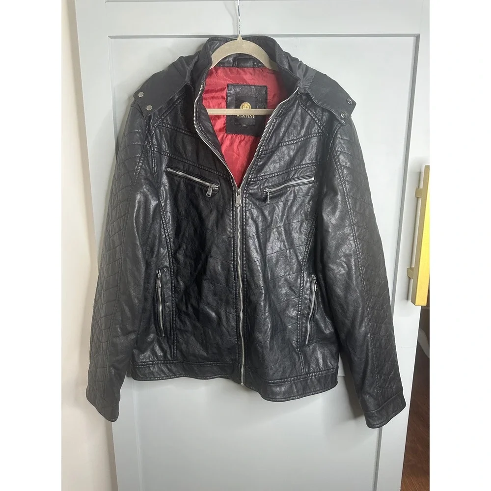 PLATINI Men's Faux Leather‎ Moto Jacket Hooded Quilted Black Size XL